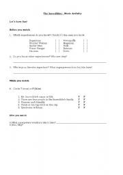 English worksheet: The Incredibles Movie Activity