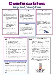 English Worksheet: Confusables, manage, reach, succeed, achieve.