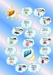 English Worksheet: Clothes and Weather Board Game (B/W Version Included