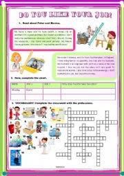 Professions + simple present. Reading comprehension plus vocabulary activity with crossword.