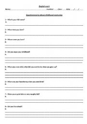 English worksheet: QUESTIONNAIRE ABOUT CHILHOOD MEMORIES