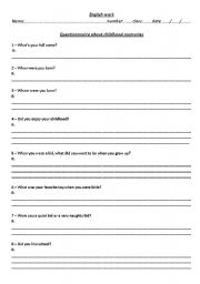 English Worksheet: QUESTIONNAIRE ABOUT CHILHOOD MEMORIES