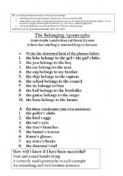 English Worksheet: The Belonging Apostrophe