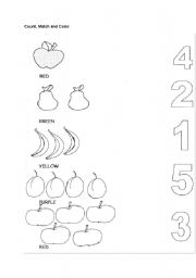 English Worksheet: count,match and color (numbers,colors,fruits)