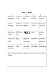 English Worksheet: New Friends Bingo