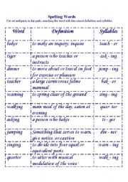 English Worksheet: Spelling, definition & syllable