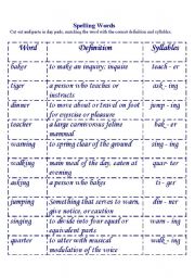English Worksheet: Spelling, definition & syllable