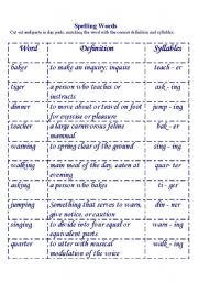 English worksheet: Spelling, definition & syllable