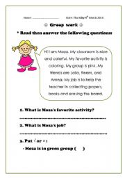 English Worksheet: Simple Reading about Moza