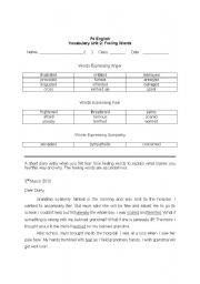 English Worksheet: Feeling Words Diary Entry