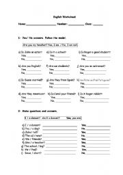 English Worksheet: To be- interrogative form  - Yes/no answers