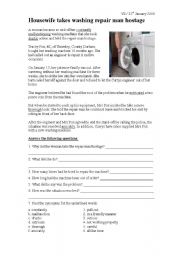 English Worksheet: Housewife takes washing machine repair man hostage - Reading