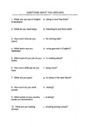 English worksheet: Questions with gerunds