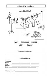 English worksheet: Colour and copy clothes