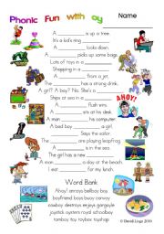 English Worksheet: 3 pages of Phonic Fun with oy: worksheet, story and key (#14)