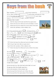 English Worksheet: Boys from the Bush an Australian song focusing on articles & prepostions