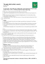 English Worksheet: The game which united South Africa