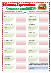 English Worksheet: IDIOMS & EXPRESSIONS - (6 Pages)   - 13 Idioms & Expressions related  to commom Daily routine & Food + 3 extra exercises for reading & 7 comprehension and Writing Activities