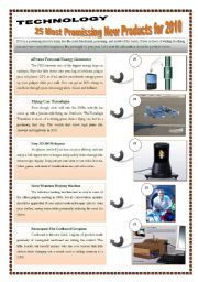 English Worksheet: TECHNOLOGY - 25 MOST PROMISSING NEW PRODUCTS FOR 2010 - (5 pages) Reading & writing + 7 extra activities