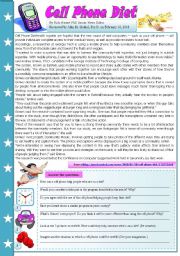 English Worksheet: Cell phone diet - comprehension, writing, grammar, speaking - 4 pages