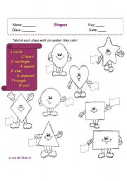 English Worksheet: Shapes matching and coloring