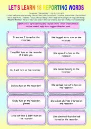 English Worksheet: REPORTING GAMES -  18 verbs with FUN - Cards + Dominoes + 5 Exercises ((16 pages)) Color+BW + KEY