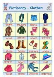 English Worksheet: Pictionary - Clothes + activity