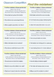 English Worksheet: classroom competition; ERROR DETECTION; correcting sentences; grammar game (revision of tenses); B&W VERSION PLUS KEY INCLUDED AND EDITABLE!!