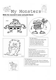 English Worksheet: MY MONSTERS-WRITE THEIR NAMES AND PAINT THEM. (BODY PARTS)