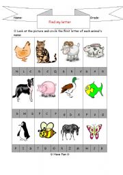 English worksheet: Animals & letters