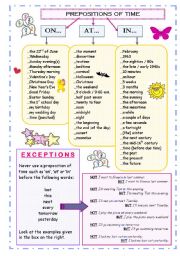 GRAMMAR POSTER / HANDOUT ON PREPOSITIONS OF TIME PLUS WORKSHEET WITH 4 EXERCISES; 5 PAGES; B&W SHEETS AND KEY INCLUDED!!