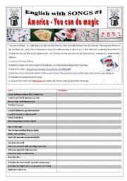 English Worksheet: ENGLISH WITH SONGS #1# - (11 pages) - America YOU CAN DO MAGIC with 10 activities + 1 extra game/Competition