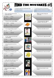 IMPROVING YOUR ENGLISH - (3 pages) FIND THE MISTAKES #1- 8 Sentences + 5 activities + answerkeys