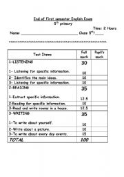 English Worksheet: 5th Grade Exam