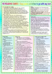 English Worksheet: 100 READING GAMES - POSTER + Timesavers + Hippo Report + Suggestions + BW + tons of LINKS - ((11_PAGES)) - A1-C2 level