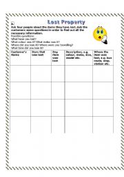 English Worksheet: Lost property - Speaking and writing activity for pairwork with past tenses