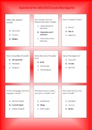 English Worksheet: Cards for the UK/USA/CANADA Boardgame: Canada