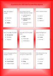 English Worksheet: Cards for the UK/USA/CANADA Boardgame: Canada