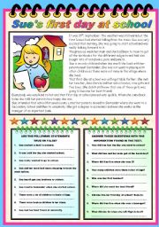 English Worksheet: SUES FIRST DAY AT SCHOOL - READING AND COMPREHENSION (B&W VERSION AND KEY INCLUDED)