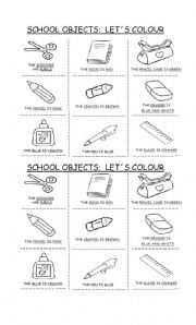 English Worksheet: School Objects: Lets Colour! 