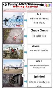 English Worksheet: 10 FUNNY ADVERTISEMENTS - (2 pages - Part 1 of 2) Writing + Describing Pictures + 4 Activities and instructions