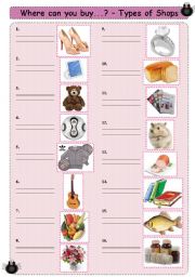 English Worksheet: Types of Shops - Where can you buy ... ? 2 Pages + Answer Key