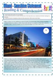 English Worksheet: MIAMI - THE BEST CITY IN THE WORLD - (4 Pages - Part 1 of 2) Reading & Comprehension + 5 Exercises + Extra Activites