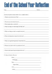 English Worksheet: End of the School Year Reflection Questions