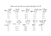 English Worksheet: Colour and write the names of numbers from 1 to 10