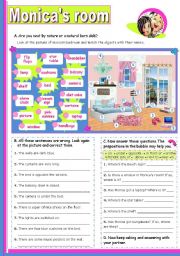 English Worksheet: Monicas Bedroom  -  Prepositions of Place