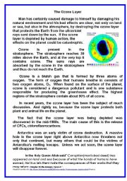 English Worksheet: Ozone Layer Depletion is an environmental problem (Reading comprehension)