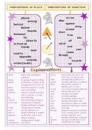 English Worksheet: FULLY EDITABLE GRAMMAR POSTER / HANDOUT ON PREPOSITIONS OF PLACE, DIRECTION AND MOVEMENT; PLUS WORKSHEET WITH 4 EXERCISES; 5 PAGES; B&W SHEETS AND KEY INCLUDED!!