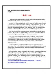 English Worksheet: Environmental problems. (Acid rain). Reading comprehension. Theme: The world around us.