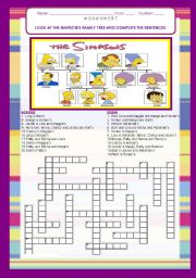 English Worksheet: THE SIMPSONS FAMILY TREE / CROSSWORDS-  21 SENTENCES with ANSWER KEY